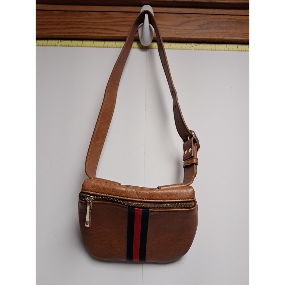 Moda Luxe Juno Belt Bag In Brown Vegan Leather With A Red And Navy Blue Stripe - Picture 4 of 8